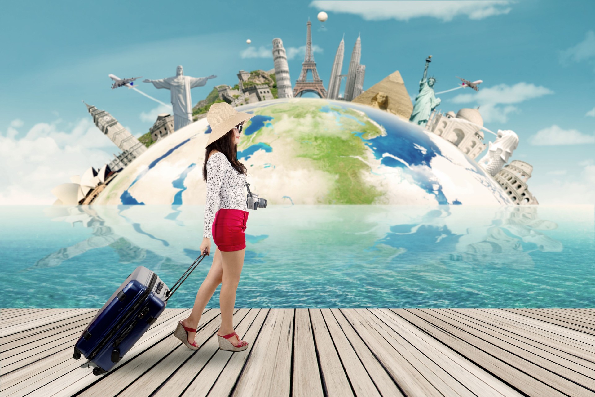 Traveler and the world monuments background