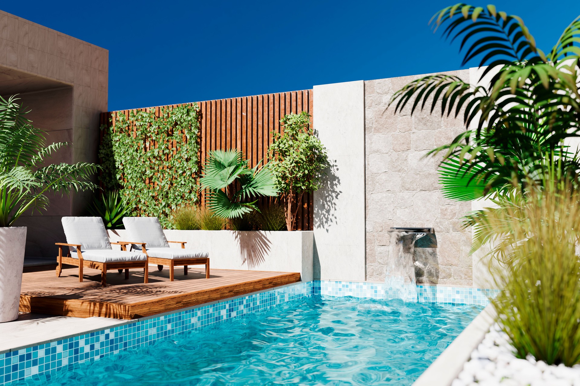 Modern style architecture exterior vacation villa with luxury swimming pool and tropical tree garden. Contemporary desert building design with poolside area and patio in backyard. Rich real estate rental.